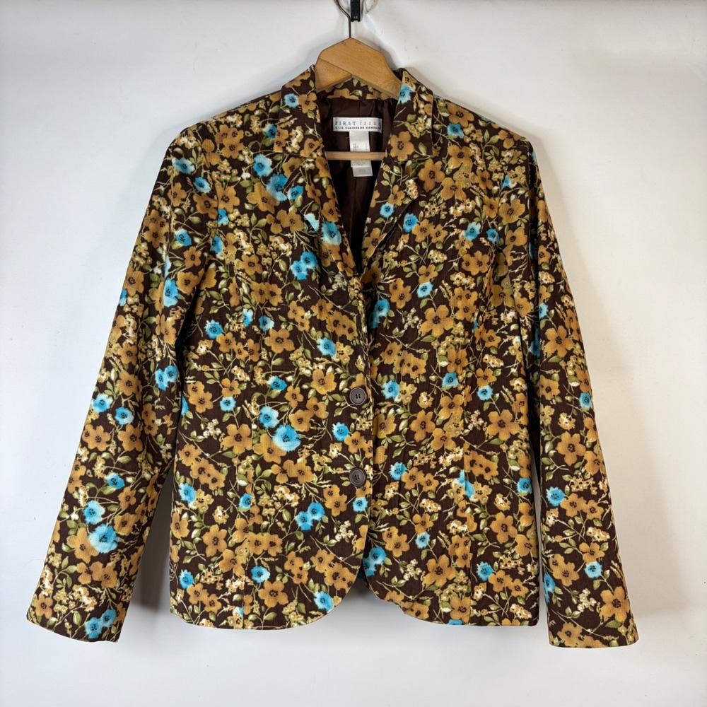 First Issue Corduroy Blazer Womens L Brown Floral Print Button Front Jacket
